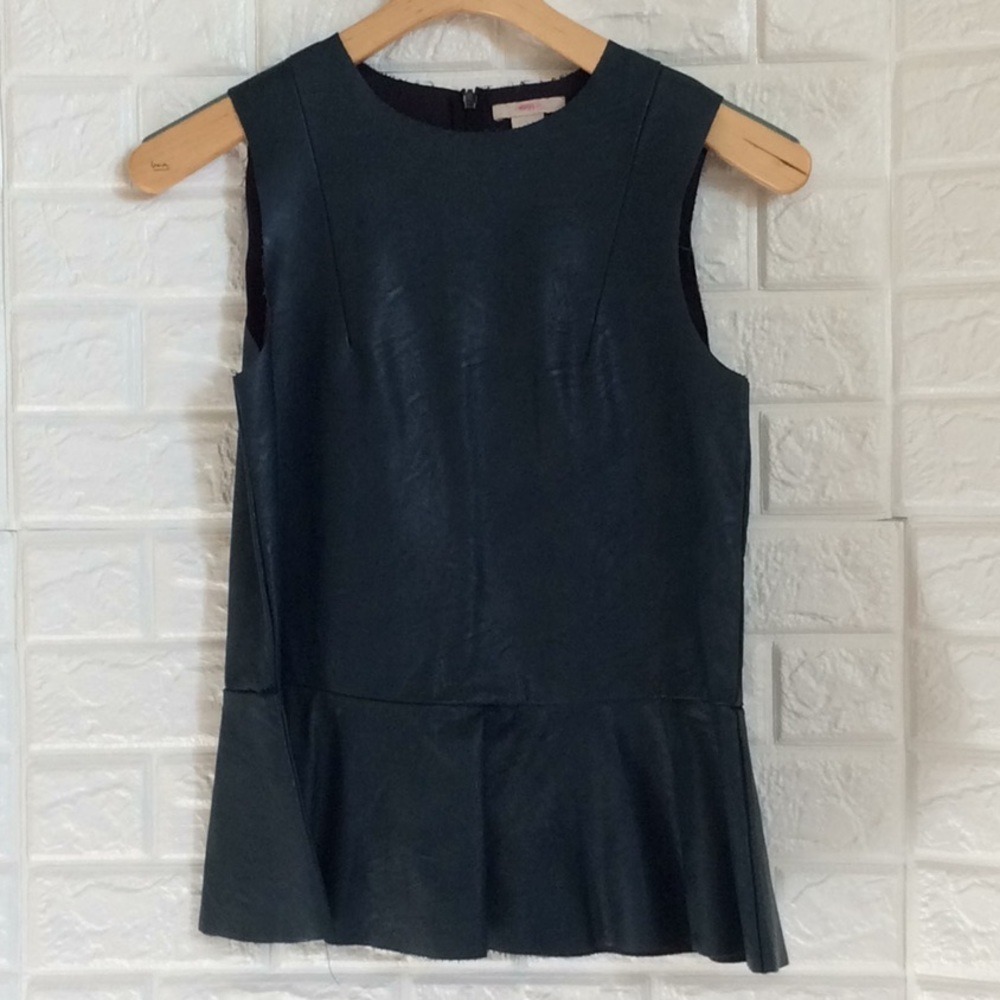 H&M Black Faux Leather Peplum Sleeveless Top Round Neck Size 4